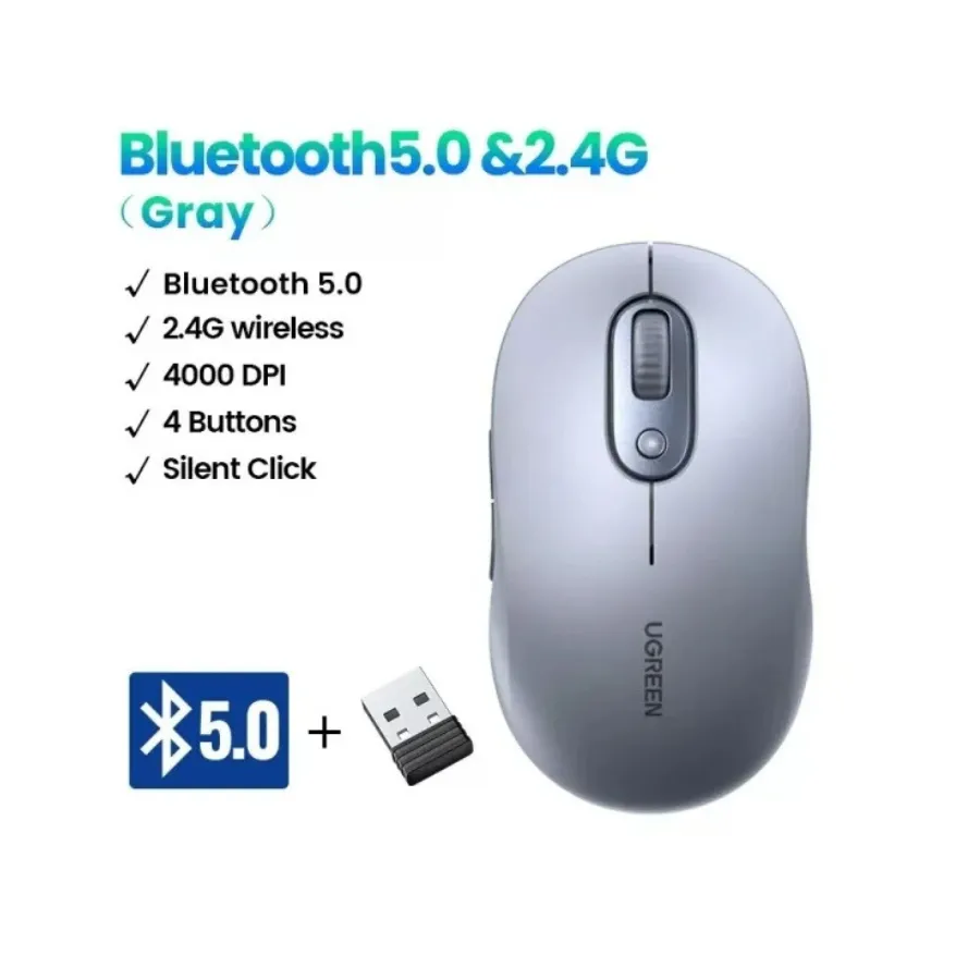 Chuột không dây 2.4Ghz + Bluetooth 5.0 dùng cho máy tính, laptop Ugreen 45149 cao cấp (Xám)