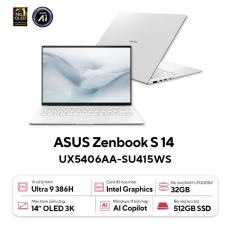 Laptop ASUS Zenbook S 14 UX5406AA-SU415WS (Intel Core Ultra 9 386H/ Intel Graphics/ 14.0-inch OLED/ 32GB/ 512GB/ Windows 11/ Office/ Trắng)