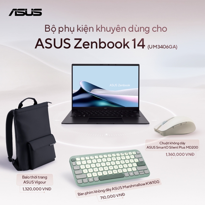Laptop ASUS Zenbook 14 UM3406GA-QD073WS (AMD Ryzen AI 7 445/ AMD Radeon/ 14 inch WUXGA OLED/ 32GB/ 1TB/ Win 11/ Office/ Đen)