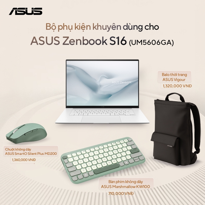 Laptop ASUS Zenbook S 16 UM5606GA-SS384WS (AMD Ryzen AI 9 465 | 32GB | 1TB | AMD Radeon | 16 inch 3K OLED 120Hz | Win 11 | Office | Trắng)