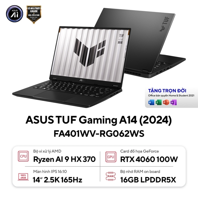 Laptop ASUS TUF Gaming A14 FA401WV-RG062WS (AMD Ryzen AI 9 HX 370/ 16GB/ 1TB/ RTX 4060/ 14 inch 2.5K 165Hz/ Win 11/ Xám)