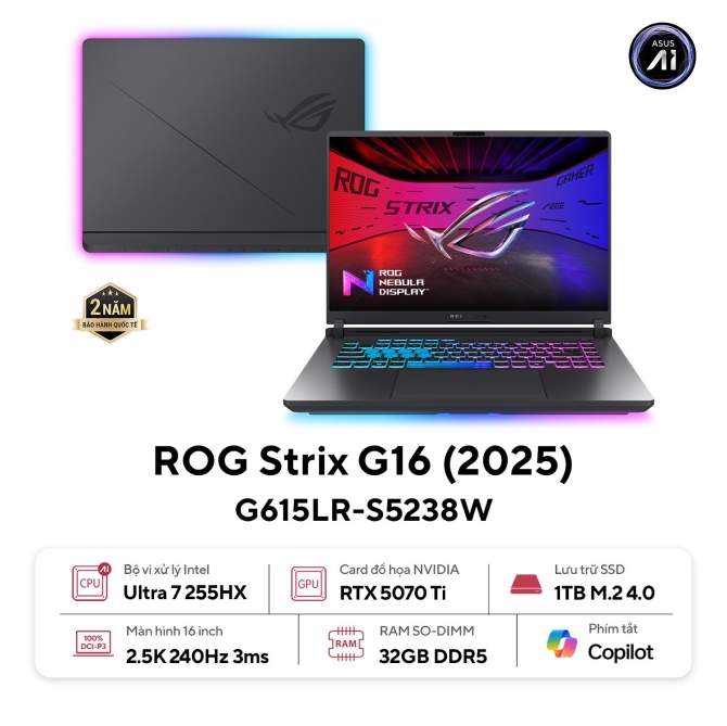 Laptop ASUS ROG Strix G16 G615LR-S5238W (Intel Core Ultra 7 255HX/ RTX 5070 Ti 12GB/ 16 inch 2.5K 240Hz/ RAM 32GB/ SSD 1TB/ Win 11/ Xám)