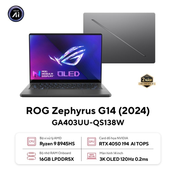 Laptop Asus Gaming ROG Zephyrus GA403UU-QS138W (R9 8945HS/ RAM 16GB/ SSD 1TB/ 14 3K Oled/ RTX4050 6GB/ Win11/ Xám)