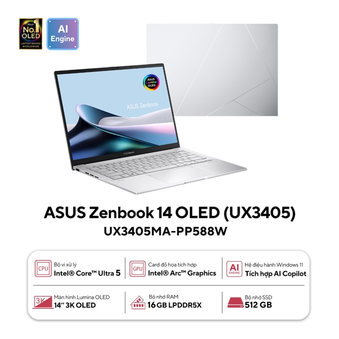 Laptop Asus Zenbook 14 OLED UX3405MA-PP588W (Intel Core Ultra 5/ RAM 16GB/ SSD512GB/ Intel Arc/ 14 inch 3K/ Win 11/ Xám Bạc)