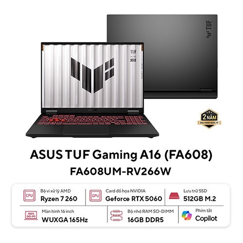 Laptop ASUS TUF Gaming A16 FA608UM-RV266W (Ryzen 7 260 | 16GB | 512GB | RTX 5060 | 16inch FHD+ 165Hz | Win 11 | Xám)