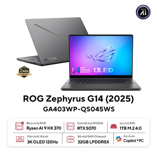 Laptop ASUS ROG Zephyrus G14 GA403WP-QS045WS (Ryzen AI 9 HX 370 | 32GB | 1TB | RTX 5070 | 14.0 inch 3K OLED | Win 11 | Xám)
