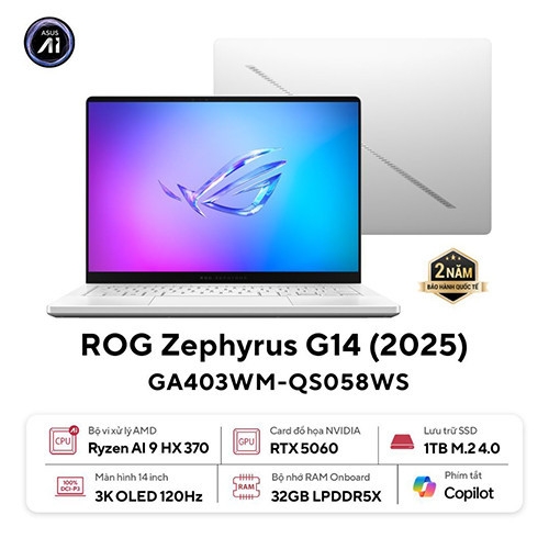 Laptop ASUS ROG Zephyrus G14 GA403WM-QS058WS (Ryzen™ AI 9 HX 370 | 32GB | 1TB | RTX 5060 | 14.0 inch 3K OLED | Win 11 | Trắng | Sạc nhanh)