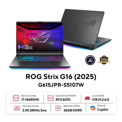 Laptop ASUS ROG Strix G16 G615JPR-S5107W (Core i7-14650HX | 32GB | 1TB | RTX 5070| 16.0inch WQXGA 240Hz | Win 11 | Xám)