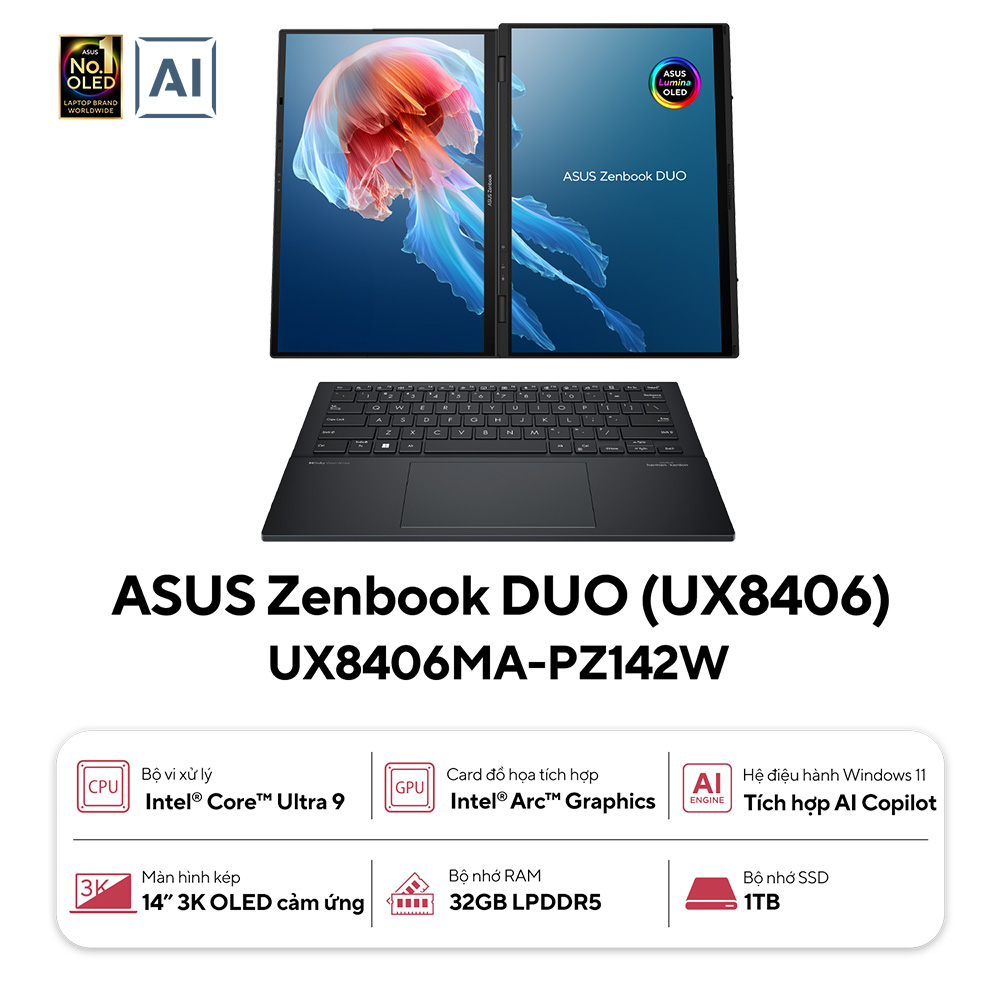 Laptop Asus Zenbook Duo OLED UX8406MA-PZ142W (Core Ultra 9 185H | 32GB | 1TB | Intel Arc Graphics | 14.0inch 3K OLED 120Hz | Bút cảm ứng | Bàn phím |